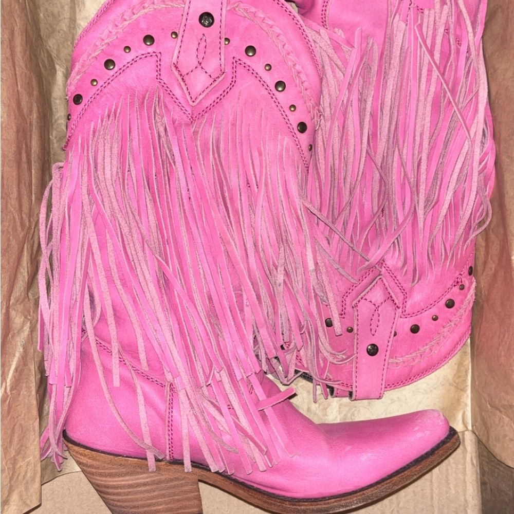 LIBERTY Black Vibrant Pink Fringe Heeled Boots